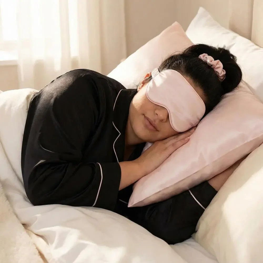 Pink Satin 3 Piece Set Pillowcase Sleep Mask Scrunchie